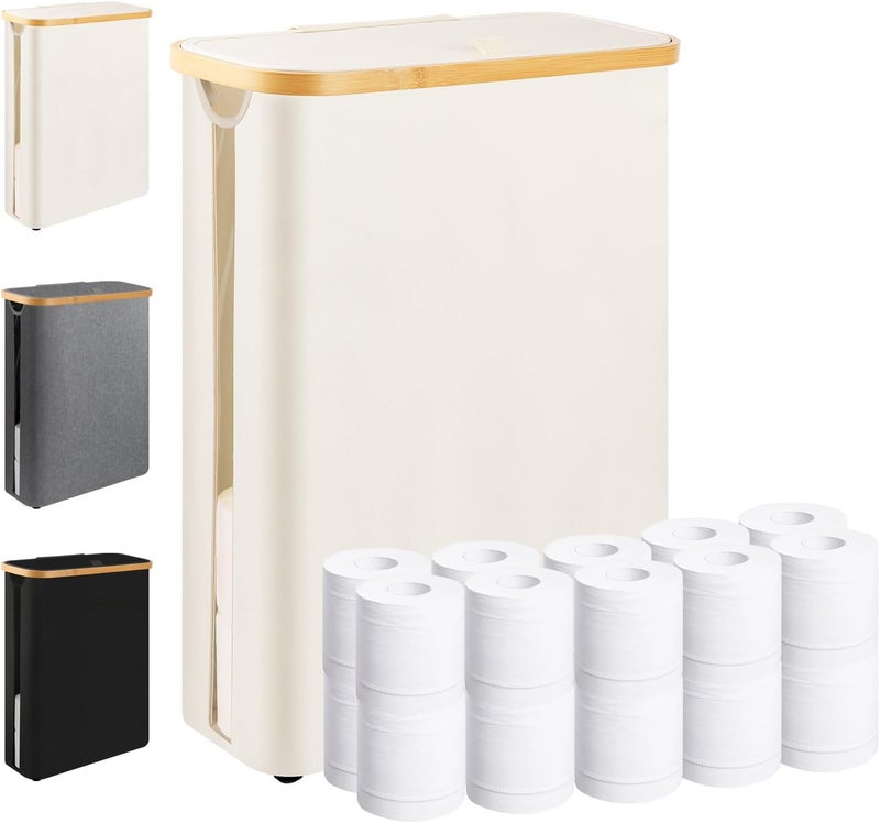 Dotpilgo Extra Large Toilet Paper Storage Basket with Lid 49L Slim Toilet Paper Basket Holder Bin Container Organizer for Bathroom Hold up to 20 Regular Rolls or 15 Mega Rolls - Image 1